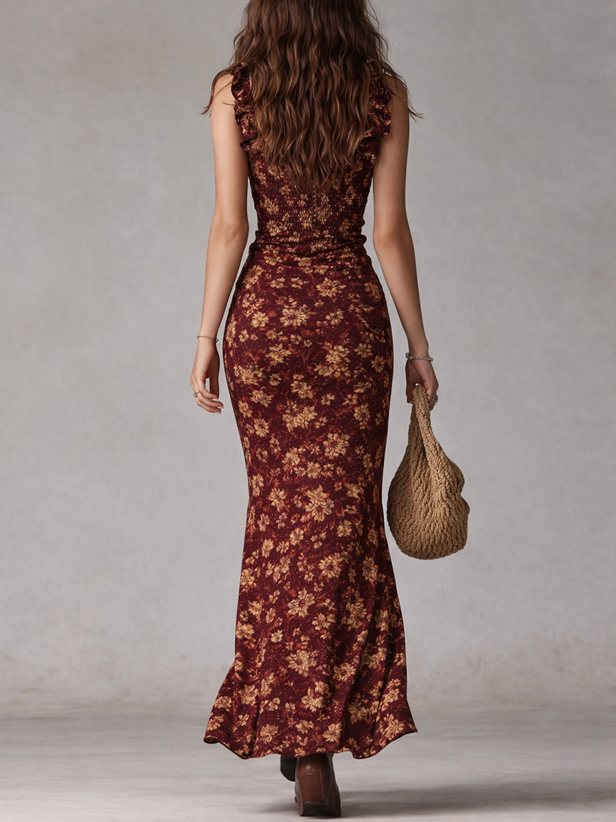 Vacation-ready women's bohemian floral maxi dress, featuring ruffled sleeves and a stylish high side slit.