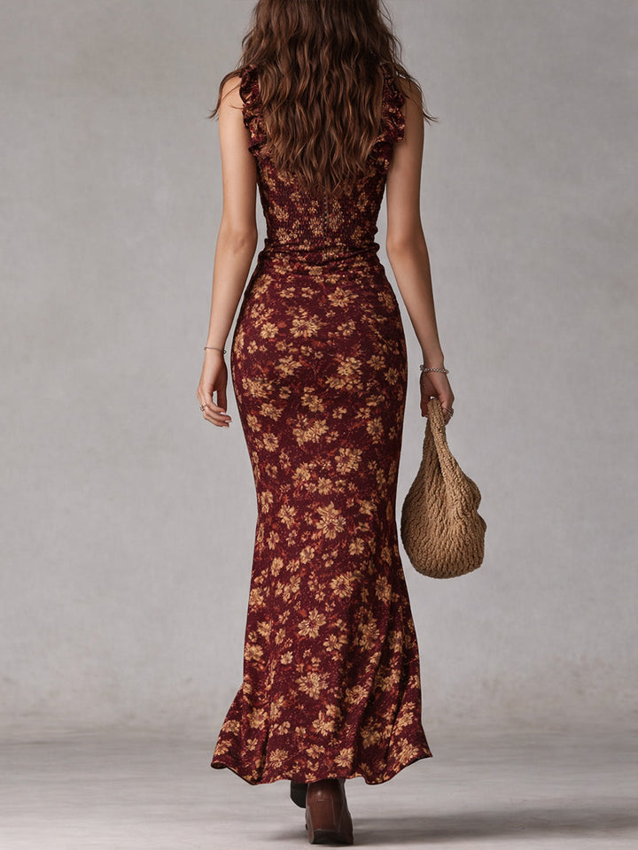 Vacation-ready women's bohemian floral maxi dress, featuring ruffled sleeves and a stylish high side slit.