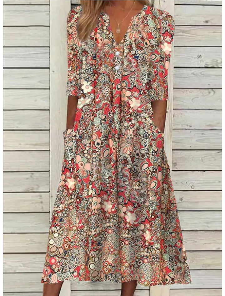 Women's bohemian floral print midi dress with relaxed fit, v-neck, and half sleeves, perfect for summer style.
