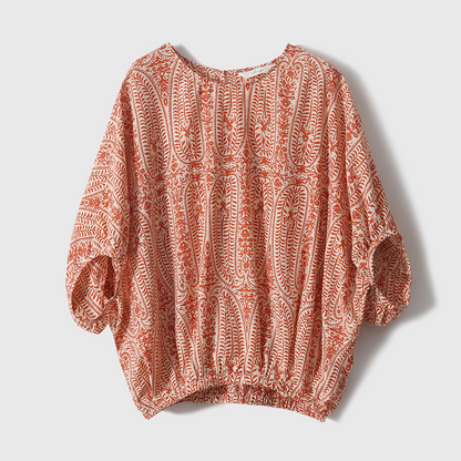 Women's bohemian floral pullover top with balloon sleeves for a relaxed, folk-style look. Perfect for spring & summer.