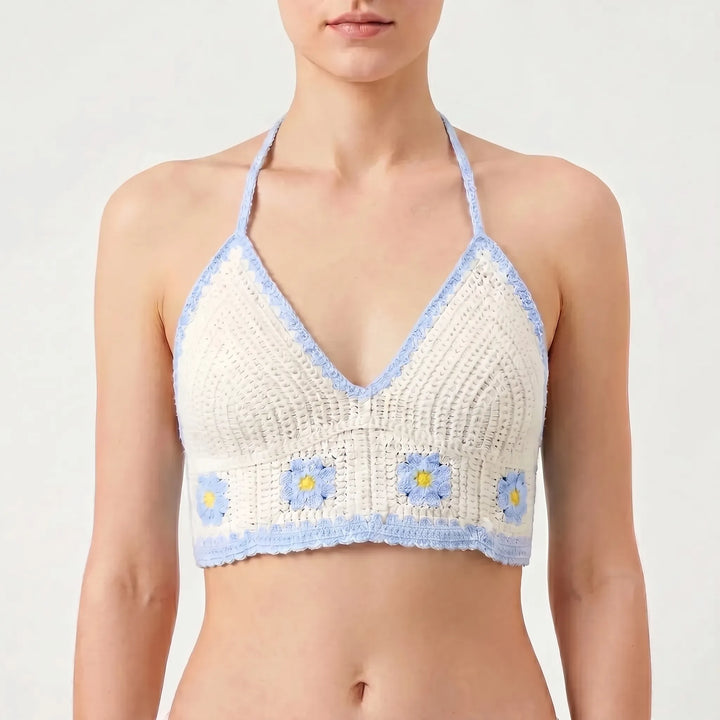Lightweight women's halter crop top in bohemian style. Great for summer, beach, and festivals. Adjustable.