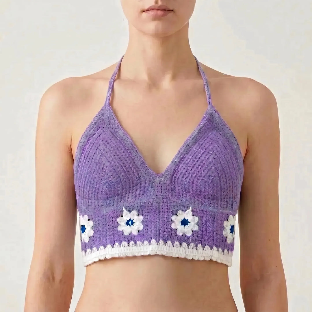 Women's adjustable boho halter crop top with floral clover design. Perfect for summer beach & festivals.