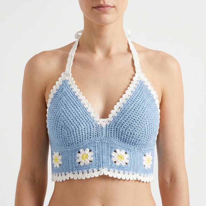 Boho chic women's halter crop top. Ideal for vacation, beach, or summer festival wear. Adjustable fit.