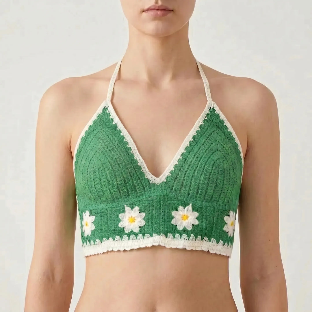 Women's bohemian halter crop top with adjustable ties. Versatile summer beachwear and festival fashion.