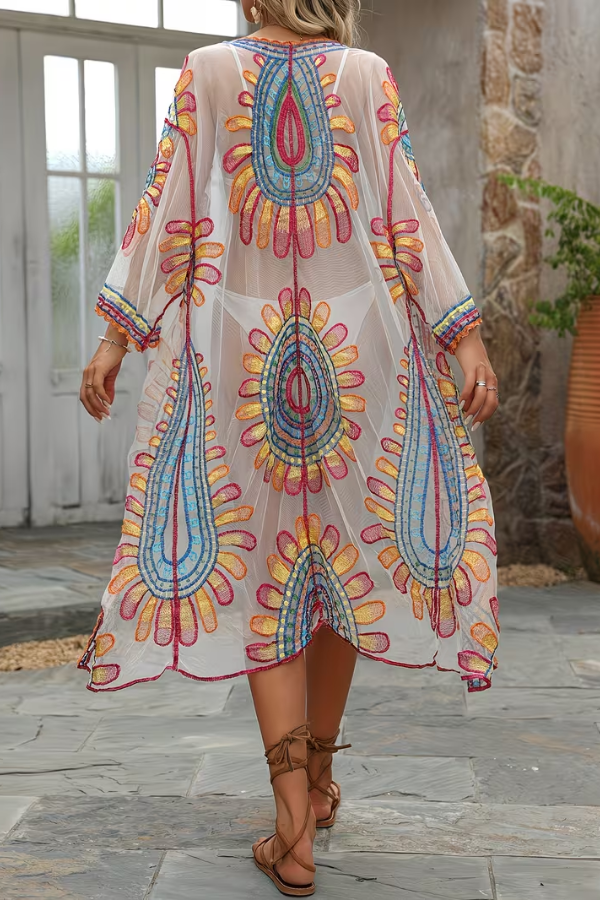 Stylish women's bohemian kimono beach cover up, embroidered detail, ideal for summer, resort & poolside.