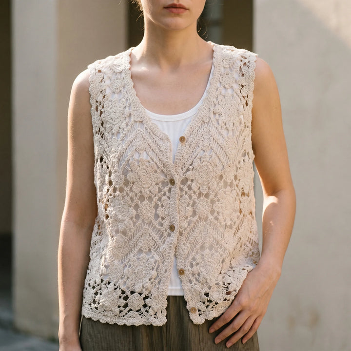 Women's Bohemian Knit Tank Top with v-neck, button front & floral pattern. Perfect summer sleeveless vest.