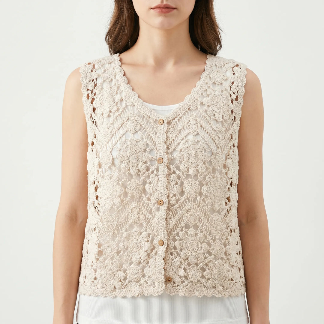 Relaxed fit Women's Bohemian Knit Tank Top, ideal for summer beachwear or casual layering. Features floral pattern.