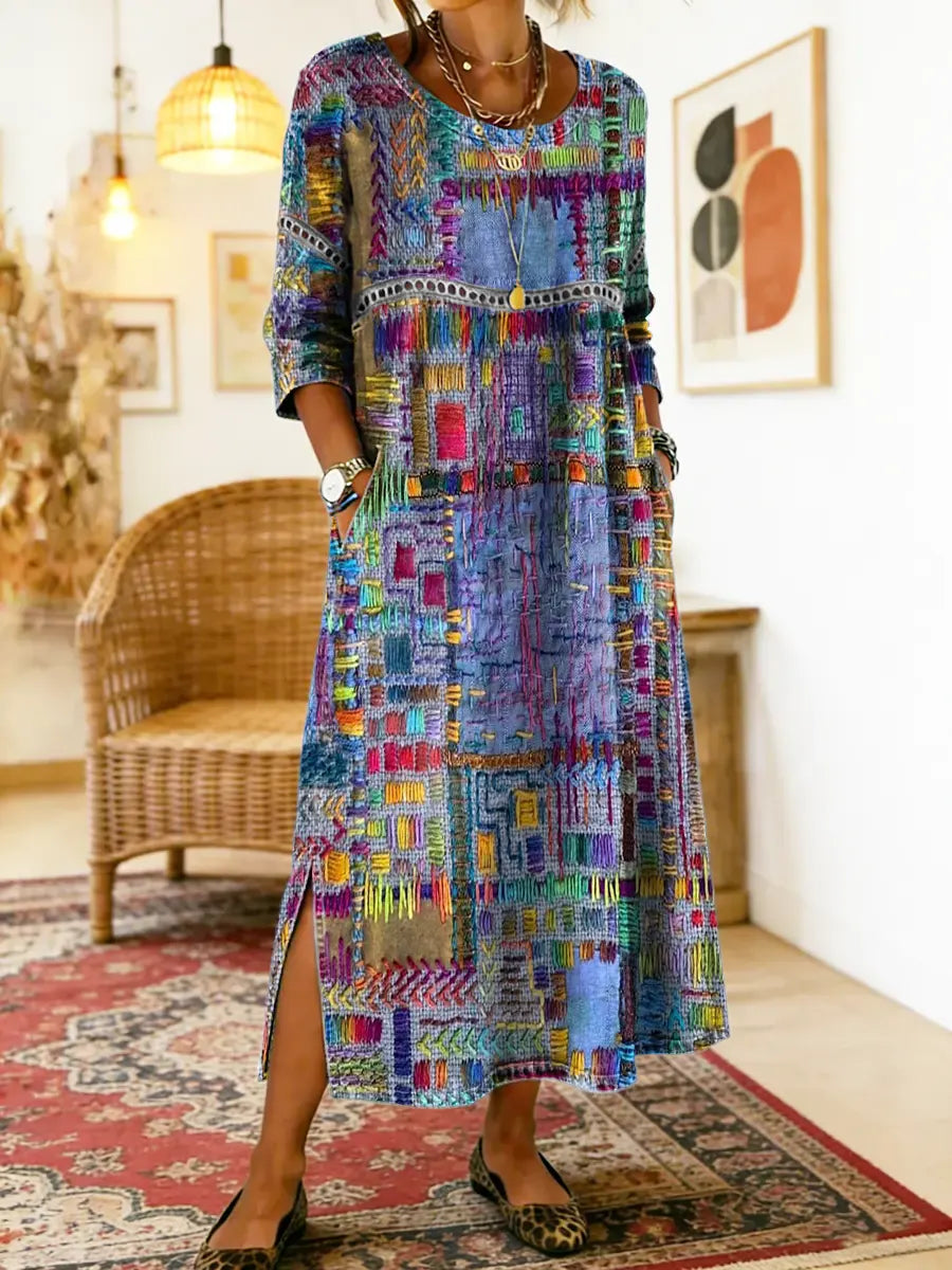 Women's Bohemian patchwork dress with vibrant print & loose fit. Unique ethnic summer style for casual wear.