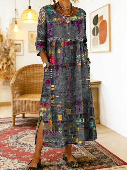 Stylish women's ethnic dress featuring vibrant patchwork and a flowy loose fit. Ideal for unique bohemian casual wear.