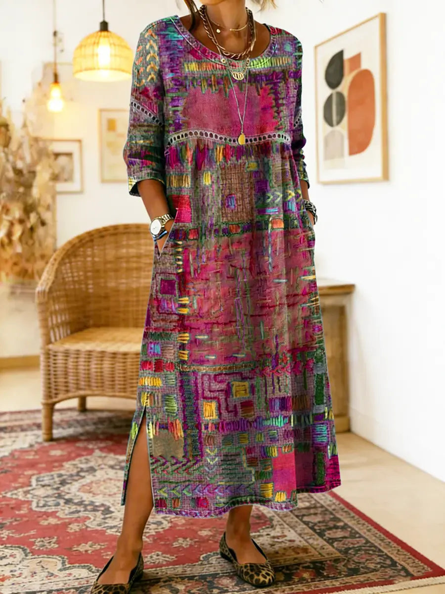 Unique women's bohemian dress, ethnic patchwork style with vibrant prints & lace detail. Perfect casual summer fashion.