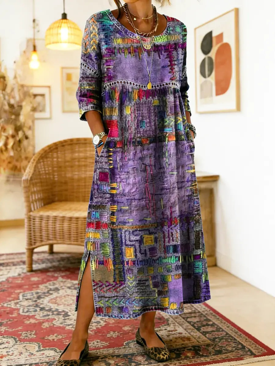 Elegant women's ethnic patchwork dress featuring delicate lace trim. Perfect for bohemian style casual summer fashion.
