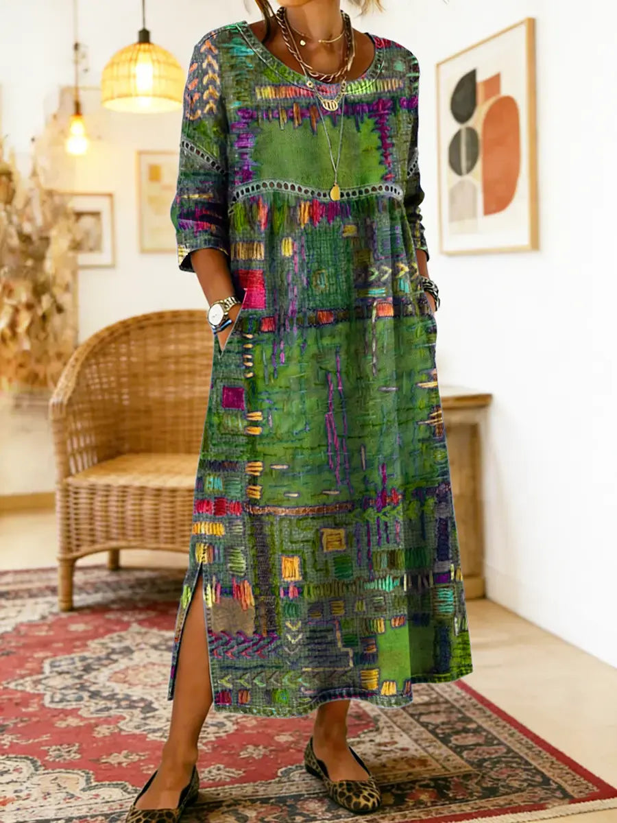 Unique women's summer dress with colorful bohemian patchwork design & comfortable loose fit. Ideal casual wear.