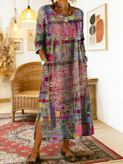 Vibrant women's bohemian dress, featuring intricate patchwork and stylish lace trim. A unique fashion statement.