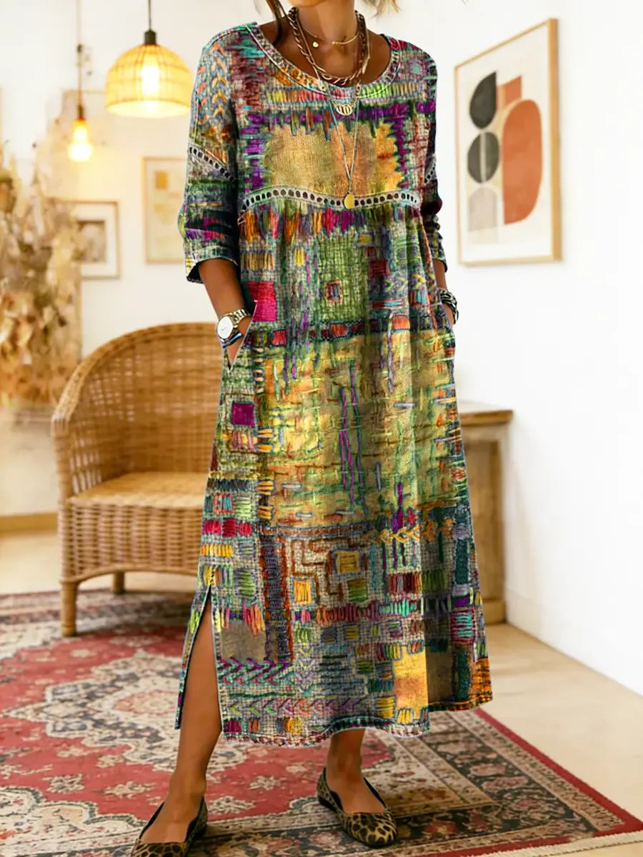Casual women's patchwork dress, loose-fitting & comfortable. Perfect bohemian style for summer and unique fashion.