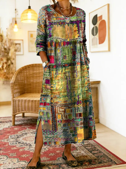 Casual women's patchwork dress, loose-fitting & comfortable. Perfect bohemian style for summer and unique fashion.