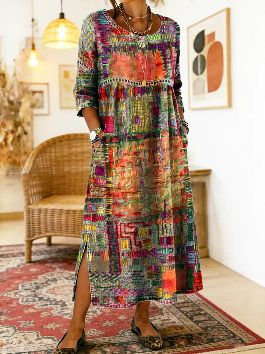 Eye-catching ethnic summer dress for women with vibrant patchwork print. Loose fit and bohemian design for unique style.
