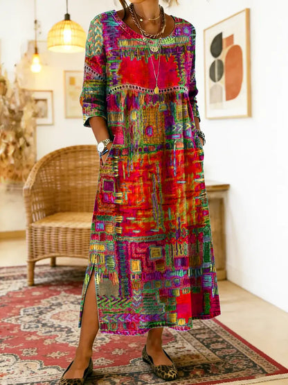 Bohemian style women's dress with dynamic patchwork, lace trim, and a relaxed loose fit. Unique casual summer fashion.