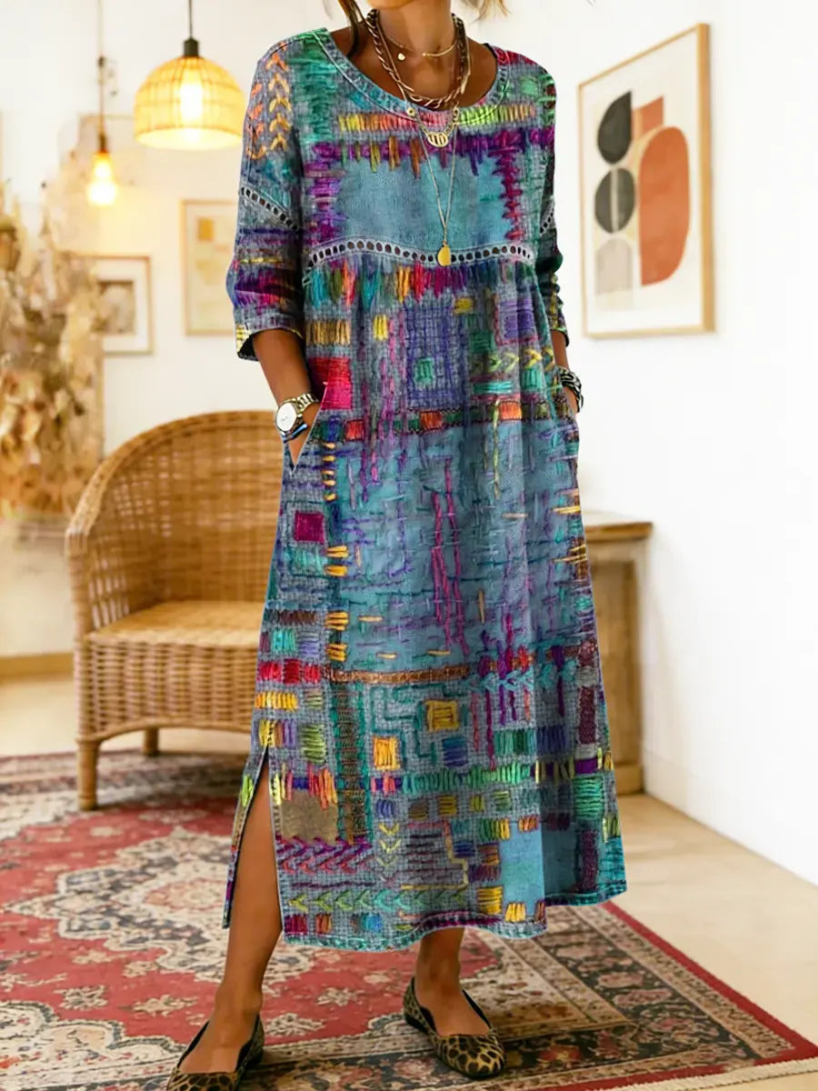 Colorful patchwork women's dress, a unique bohemian piece with loose fit and vibrant ethnic print for summer casual.