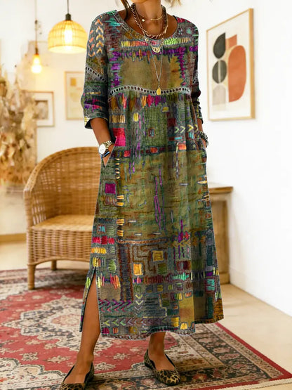 Comfortable women's summer dress in a unique bohemian patchwork style. Features lace trim & a loose, casual fit.