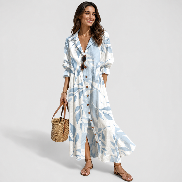Women's Bohemian printed maxi dress, button-front, V-neck. Flowy long sleeve casual resort wear.