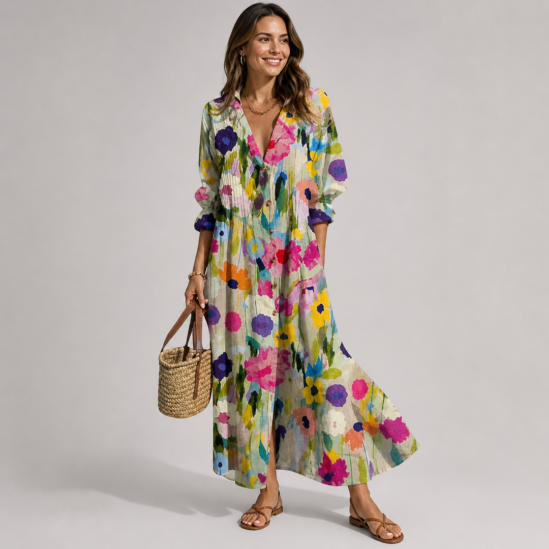 Elegant Bohemian printed maxi dress for women, button-front, v-neck. Ideal for vacation & summer fashion.