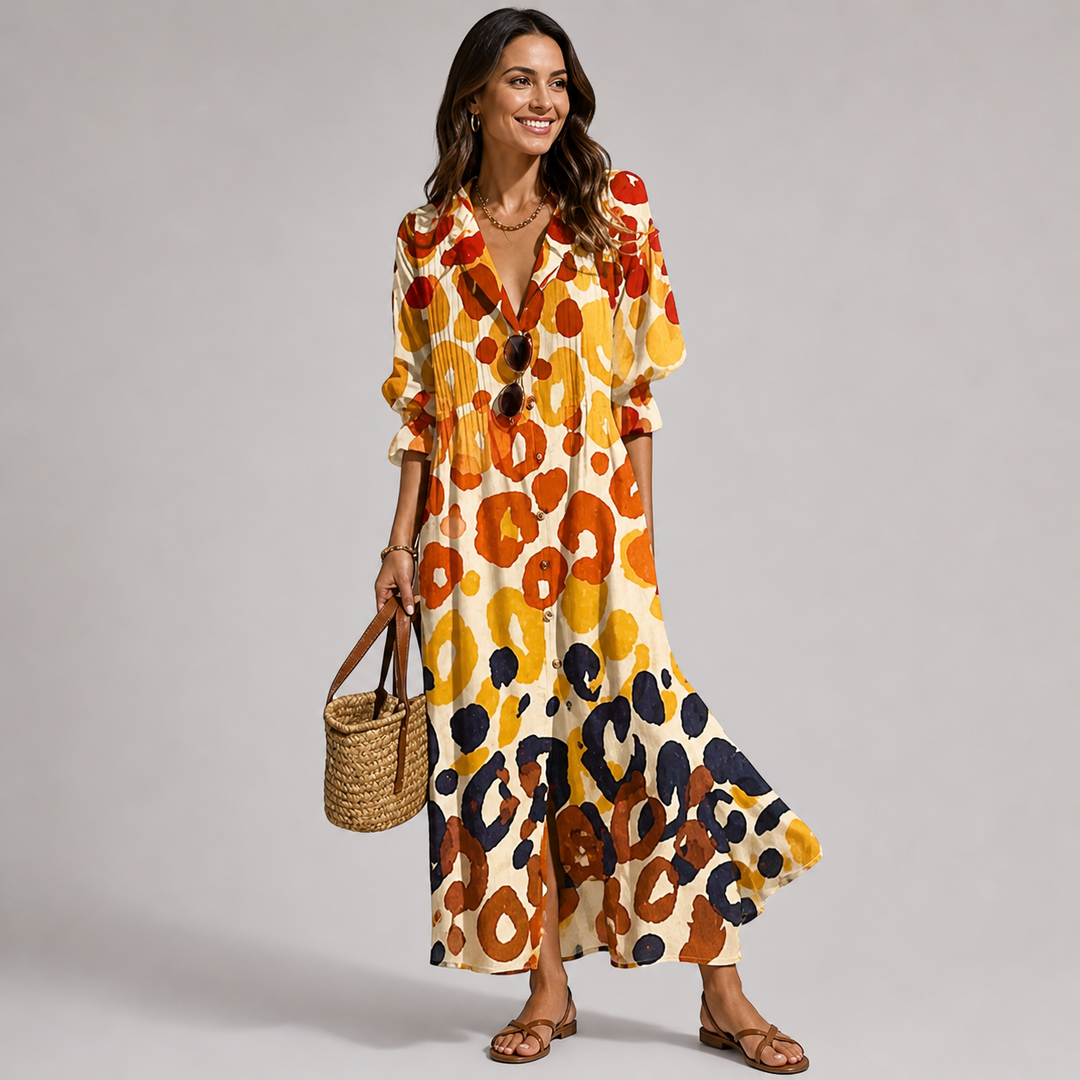 Flowy women's long sleeve bohemian maxi dress with unique print, button-front, and V-neck. Casual summer vacation.