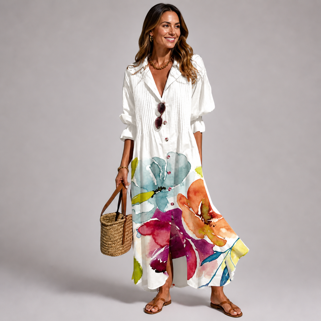 Unique women's Bohemian printed button-front maxi dress. V-neck, long sleeve, flowy for summer fashion.
