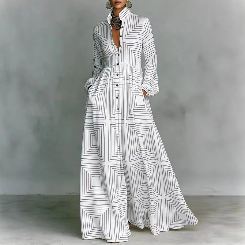 Women's Bohemian printed maxi dress with long sleeves, button front, and high waist for a boho chic look.