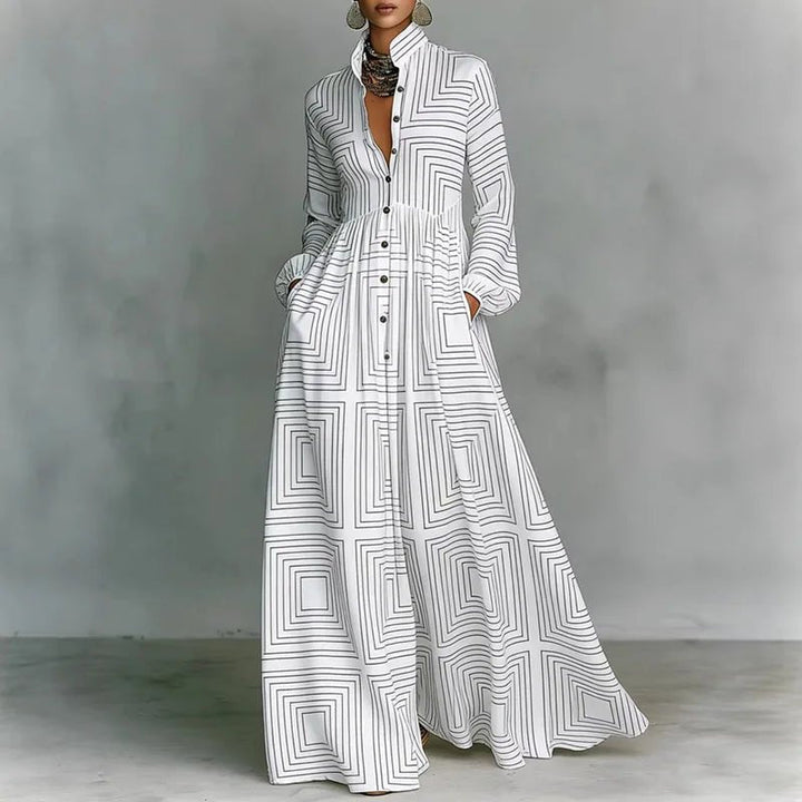 Women's Bohemian printed maxi dress with long sleeves, button front, and high waist for a boho chic look.