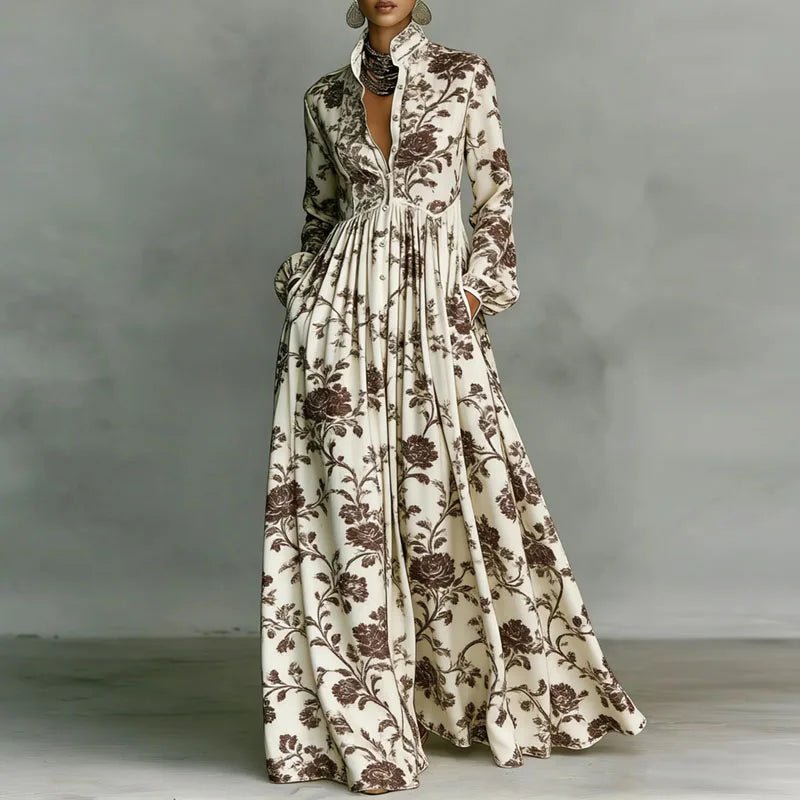 Boho chic women's printed maxi dress featuring a button-front design & stand collar. Perfect for spring/summer.