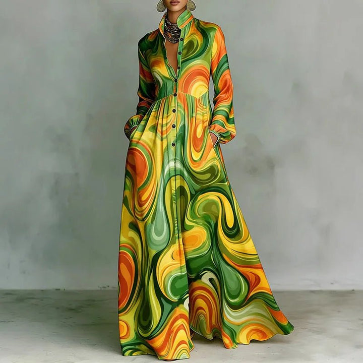 Flowy women's printed Bohemian maxi dress with long sleeves, high waist, offering comfort & boho style.