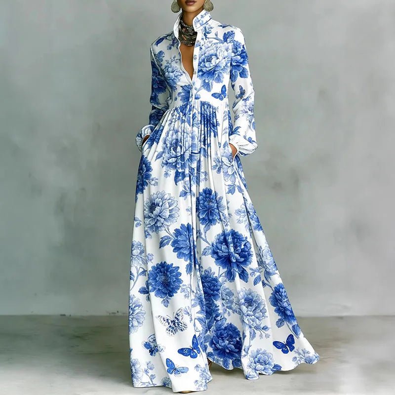 Versatile women's Bohemian long sleeve maxi dress with a vibrant print. Perfect for spring & summer casual wear.