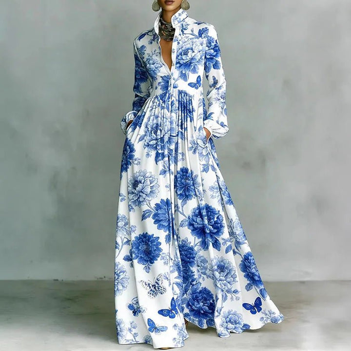 Versatile women's Bohemian long sleeve maxi dress with a vibrant print. Perfect for spring & summer casual wear.