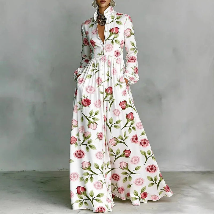 Stylish women's long sleeve bohemian maxi dress, featuring a high waist and unique print for boho elegance.