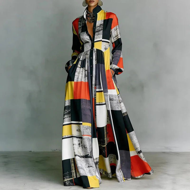 Vibrant Bohemian printed maxi dress for women. Long sleeves & a flattering high waist create an effortless casual look.