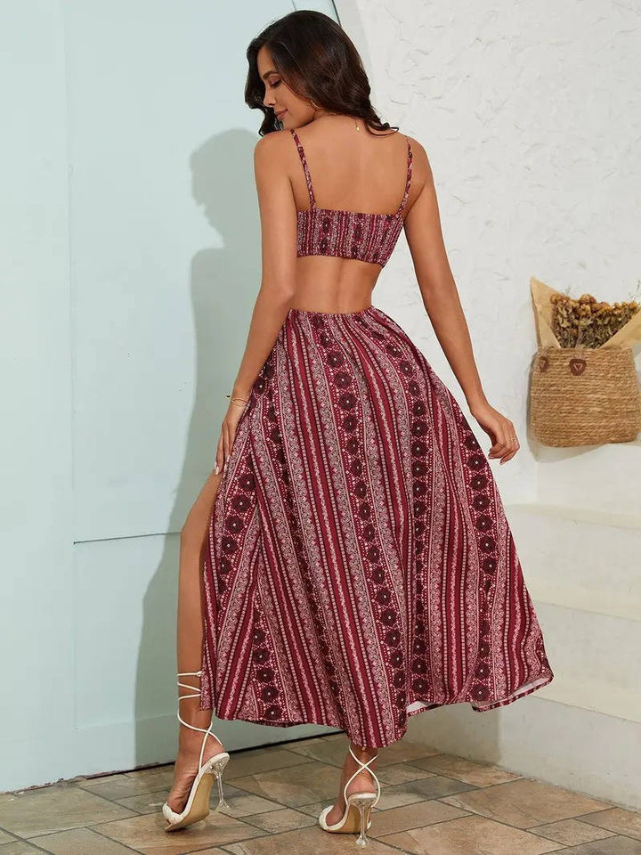 Perfect beach wear: Women's bohemian printed maxi dress with adjustable straps and flattering side slits.