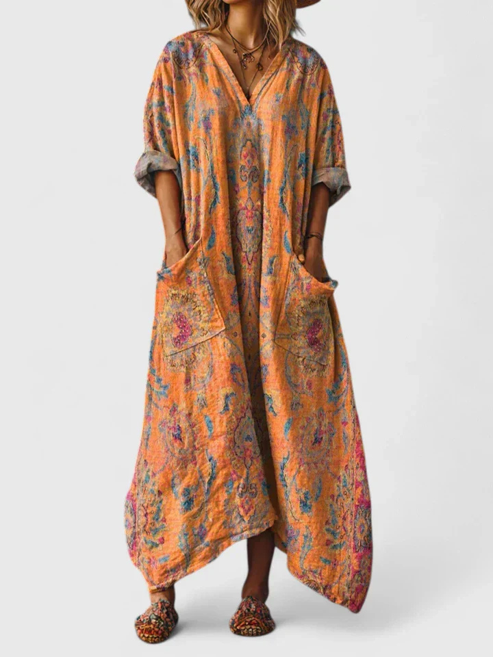Women's bohemian printed oversized jumpsuit with pockets, perfect for casual summer wear.
