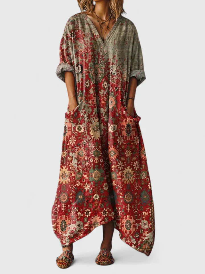Vibrant bohemian wide-leg jumpsuit with pockets, ideal for vacation and festival outfits.