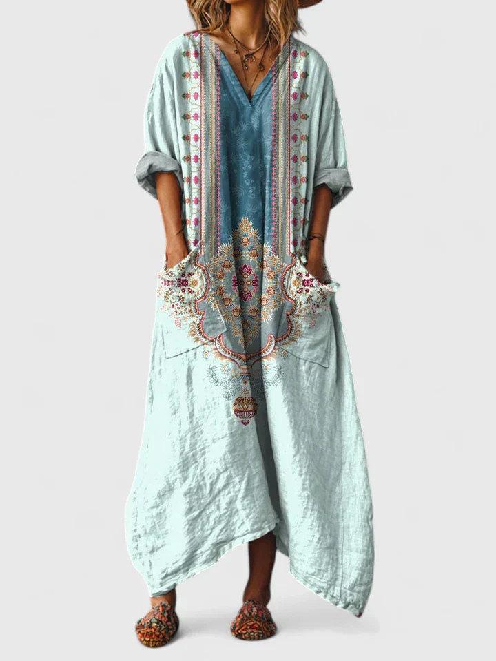 Women's flowy bohemian print jumpsuit, oversized wide-leg design with practical side pockets.