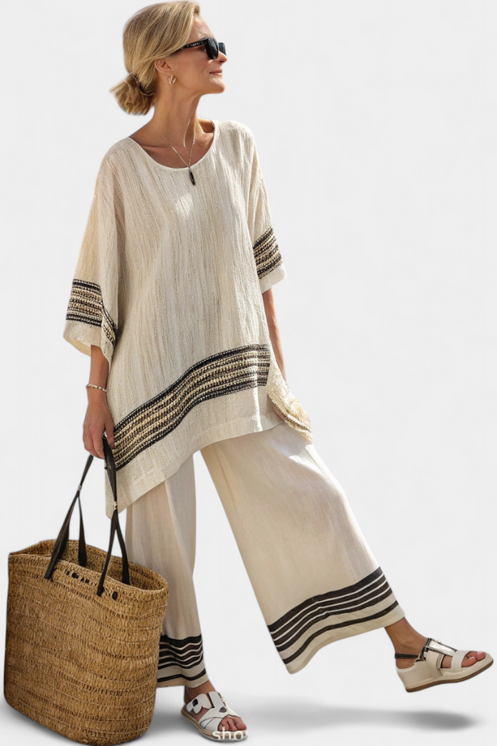 Stylish women's bohemian striped two-piece set, ideal for casual wear, lounging, or chic resort outfits.