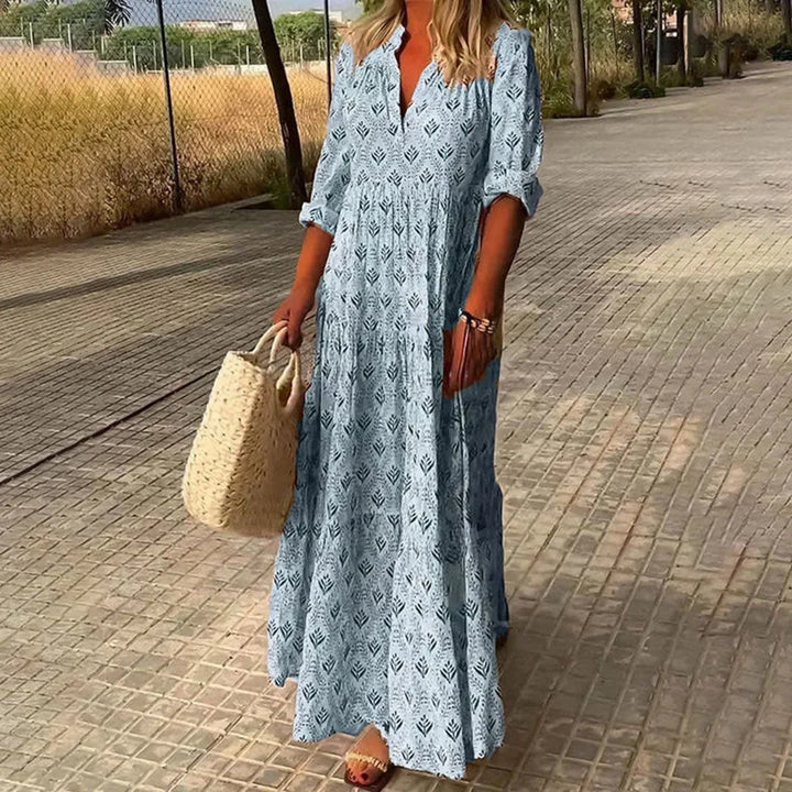 Women's Bohemian V-neck long sleeve maxi dress, flowy and elegant for casual or travel wear.