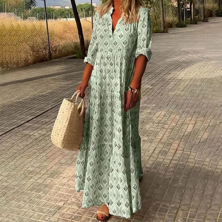 Elegant women's bohemian V-neck long sleeve maxi dress, perfect for spring, summer, fall, or travel.