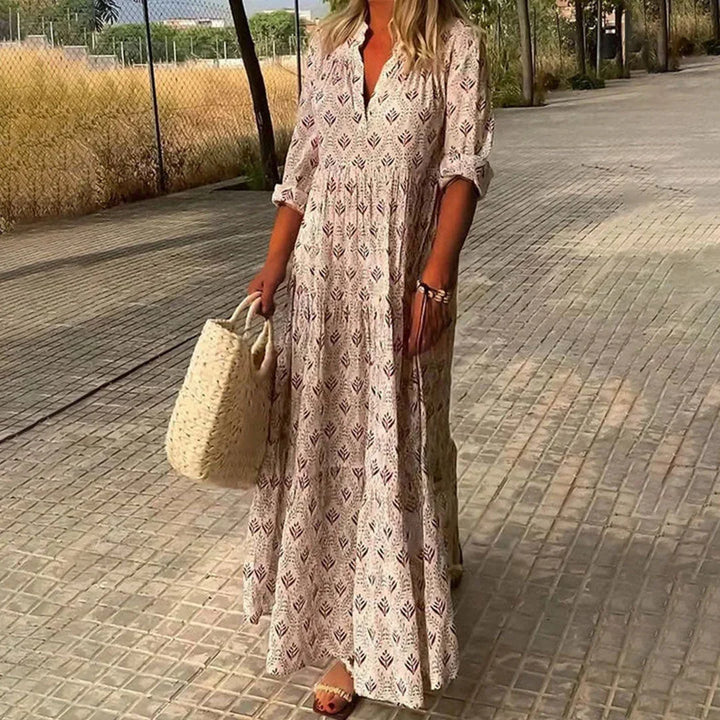 Versatile women's bohemian V-neck long sleeve maxi dress, comfortable and chic beachwear.