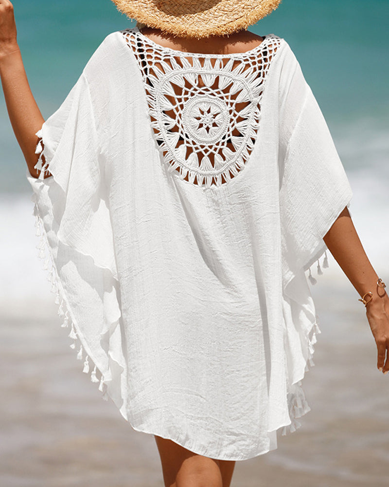 Women's boho beach cover-up with crochet look for effortless summer style.