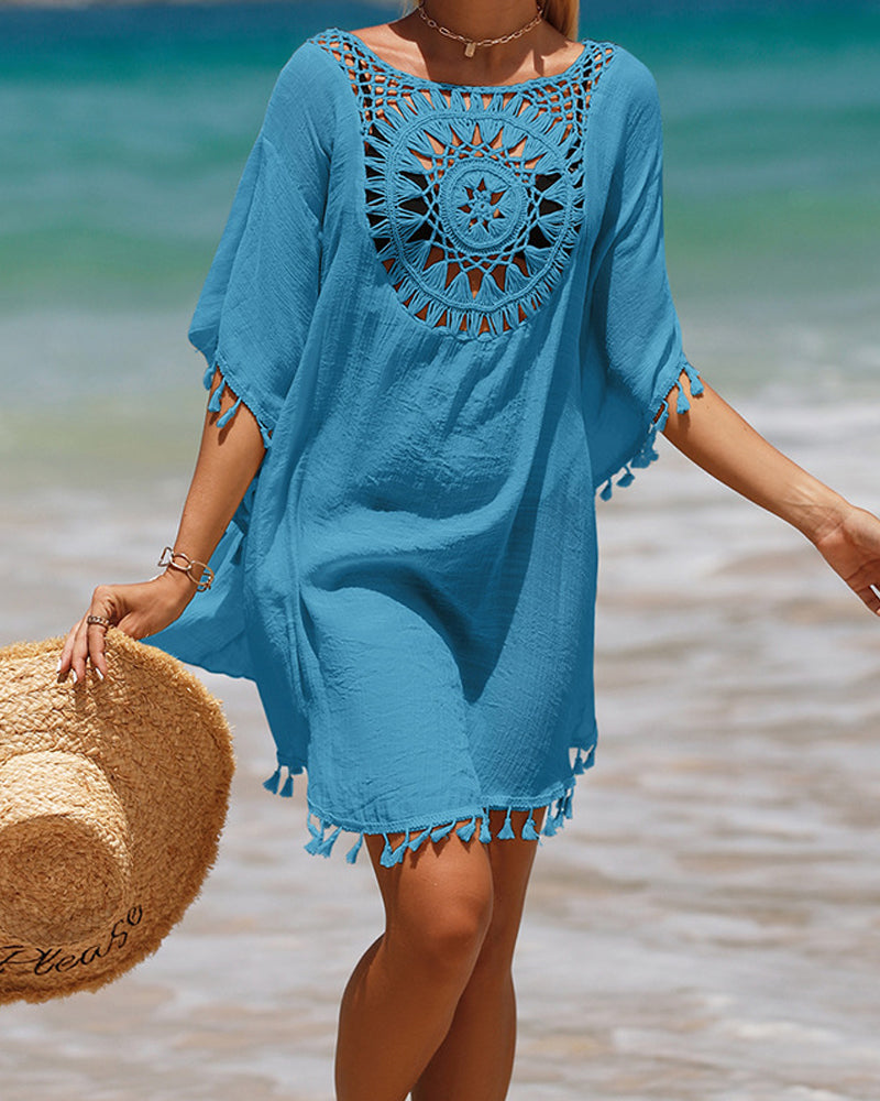 Crochet-look boho swim cover-up for women, ideal for beach fashion & summer swimwear.