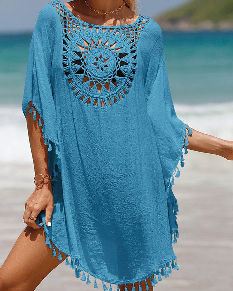 One-size women's boho beach cover-up with tassels, great for flattering summer and vacation style.