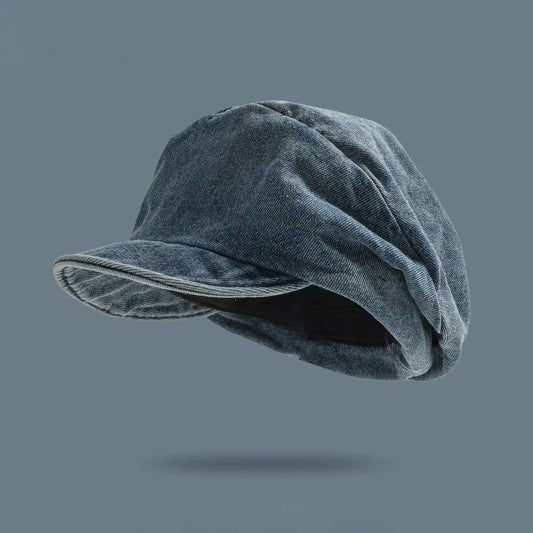 Women's boho denim beret hat. Casual, vintage-inspired blue fashion accessory for everyday style.