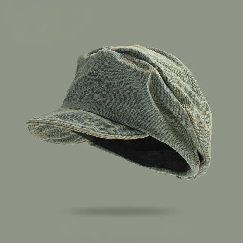 Stylish denim beret for women, featuring a boho-chic design. Perfect retro-style casual hat accessory.