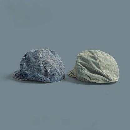 Chic women's denim beret in a boho style. Blue hat, a fashionable vintage-inspired accessory for her.