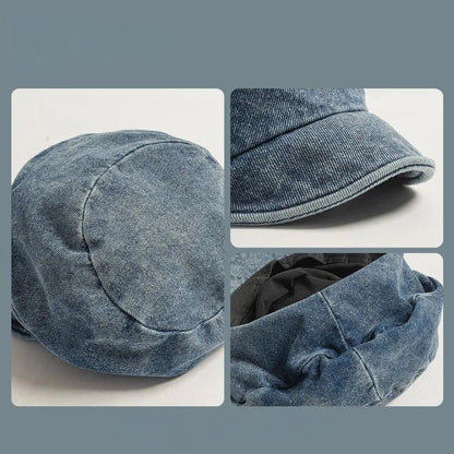Retro-style women's denim beret. Boho blue hat, a casual and versatile fashion accessory for everyday headwear.